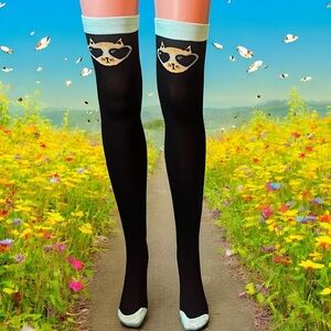 Cat Design Over-the-Knee Socks - Black and Mint
